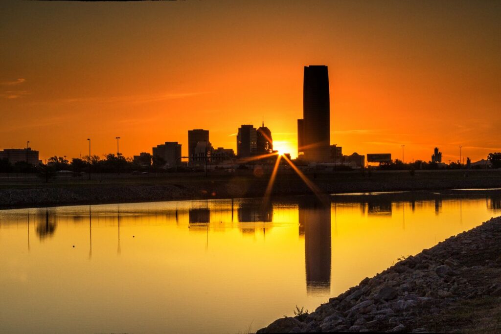 Downtown OKC at sunrise from the Oklahoma River.