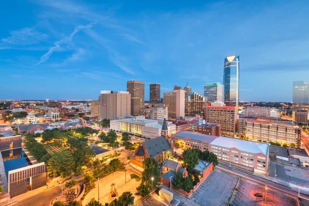 Oklahoma City’s downtown area at sundown.