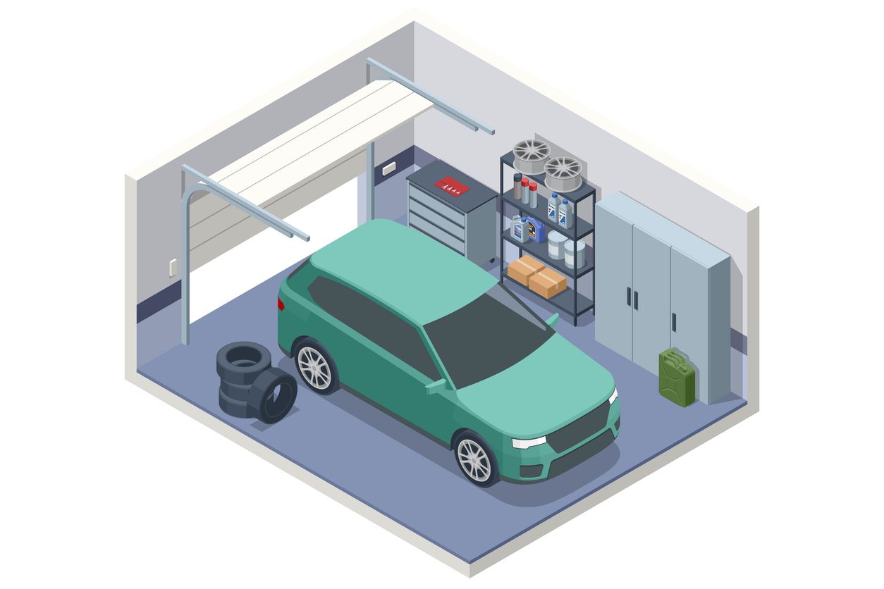 A rendering of a green SUV in an apartment garage, featuring spare tires, wheels, and shelves for storage